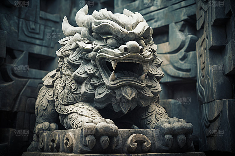石狮子雕塑镇宅平安摄影图
