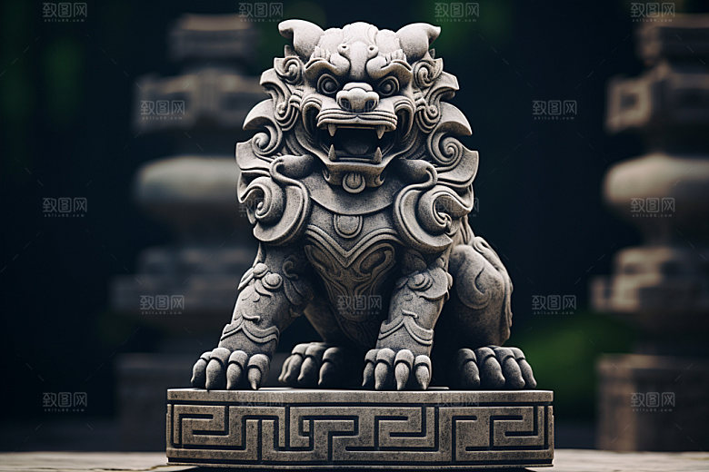 石狮子雕塑高清摄影图