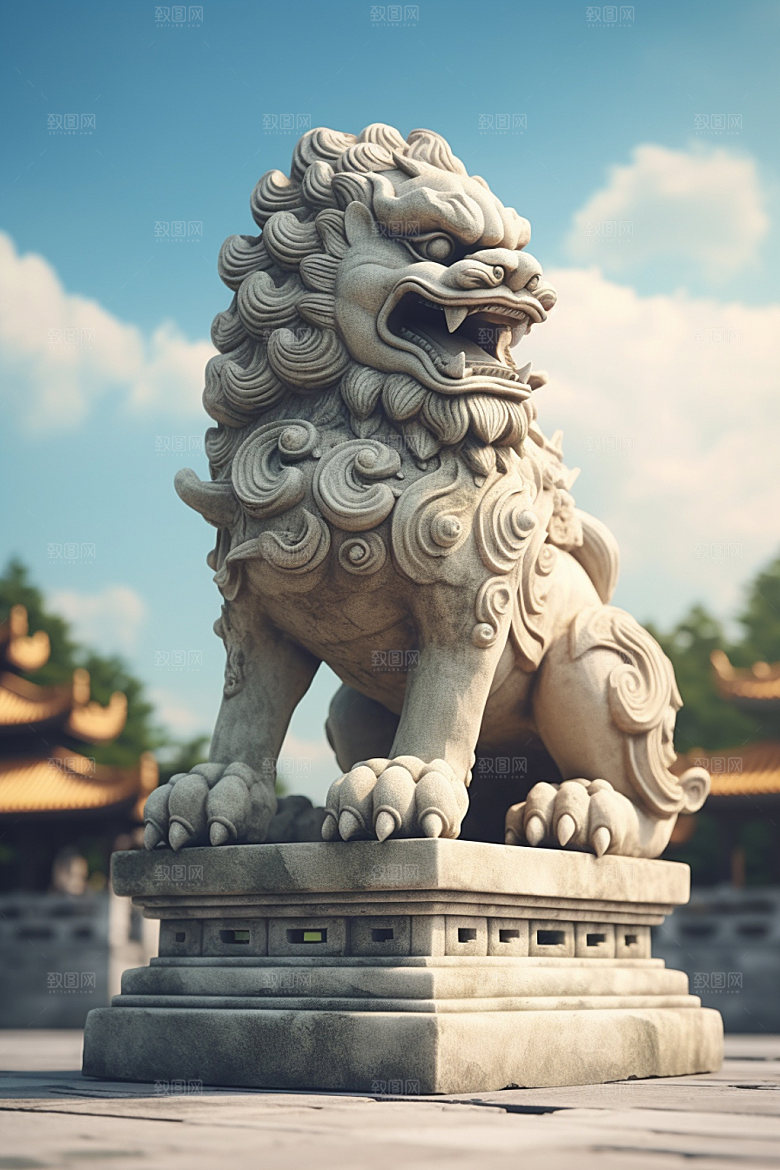 石狮子中式建筑传统文化摄影图