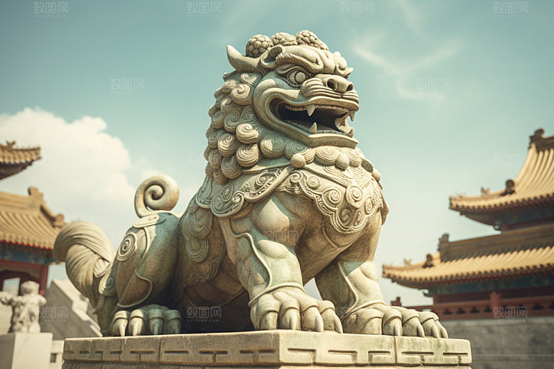 石狮子石像雕塑摄影图