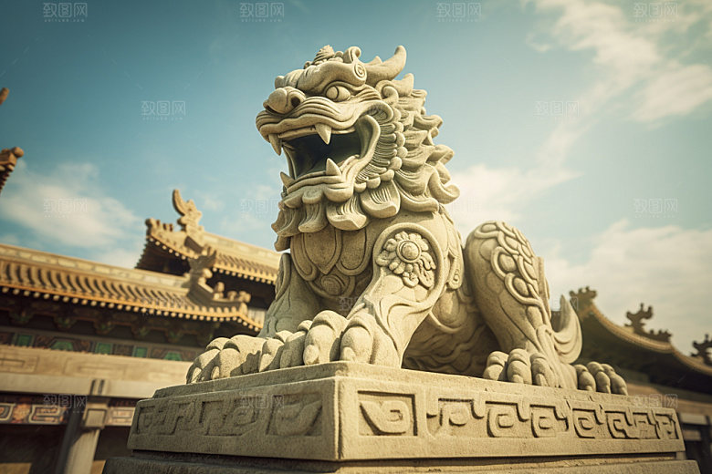 石狮子镇宅平安中式建筑摄影图