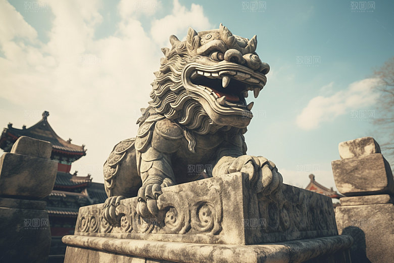 石狮子传统文化中式建筑摄影图