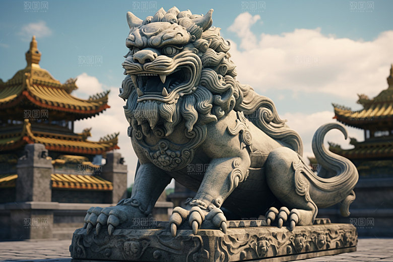 石狮子石像雕塑摄影图