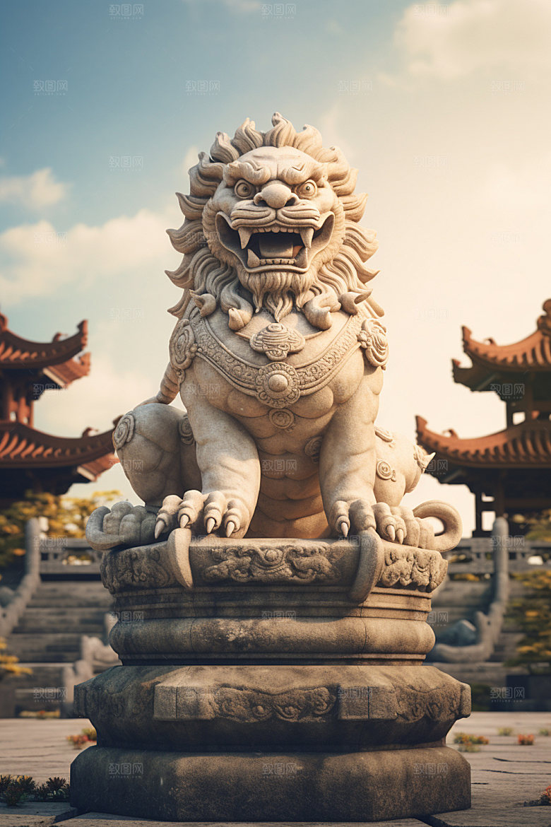 石狮子中式建筑镇宅平安摄影图