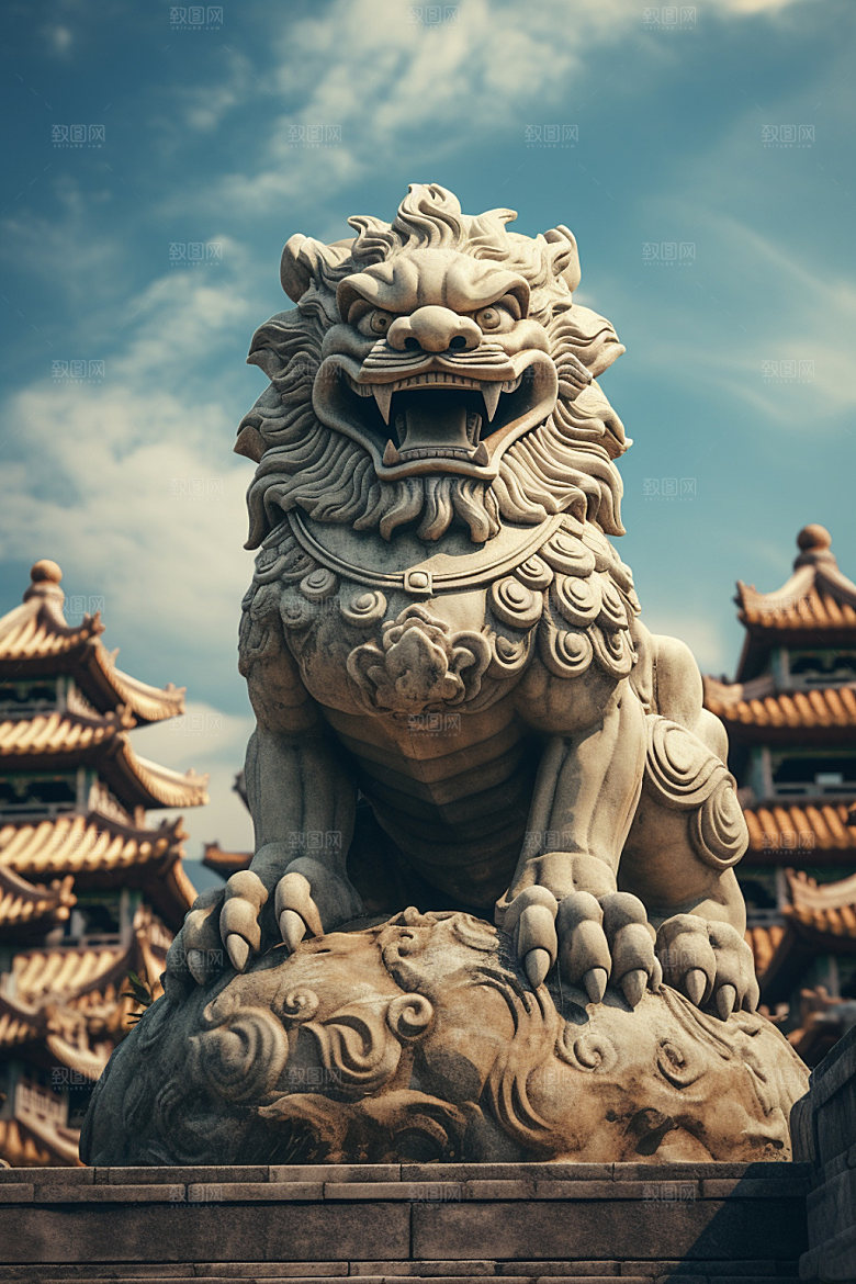 石狮子传统文化中式建筑摄影图