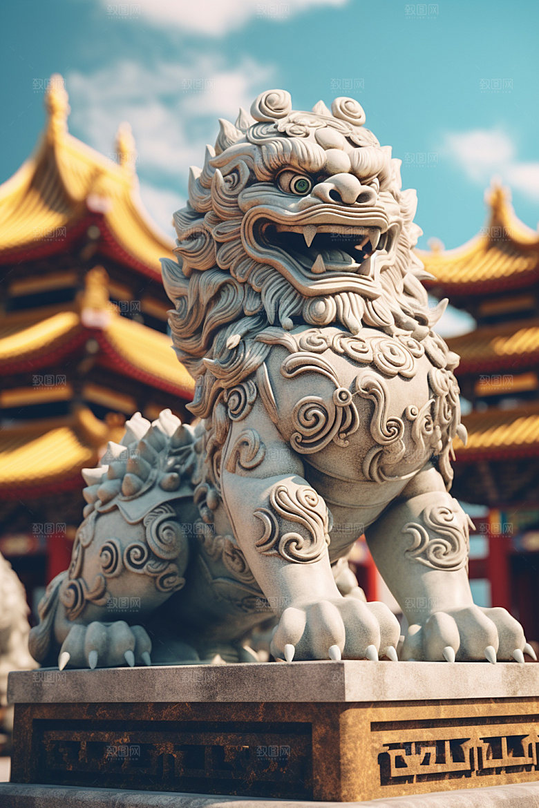 石狮子雕塑石像摄影图
