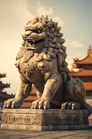 石狮子传统文化中式建筑摄影图
