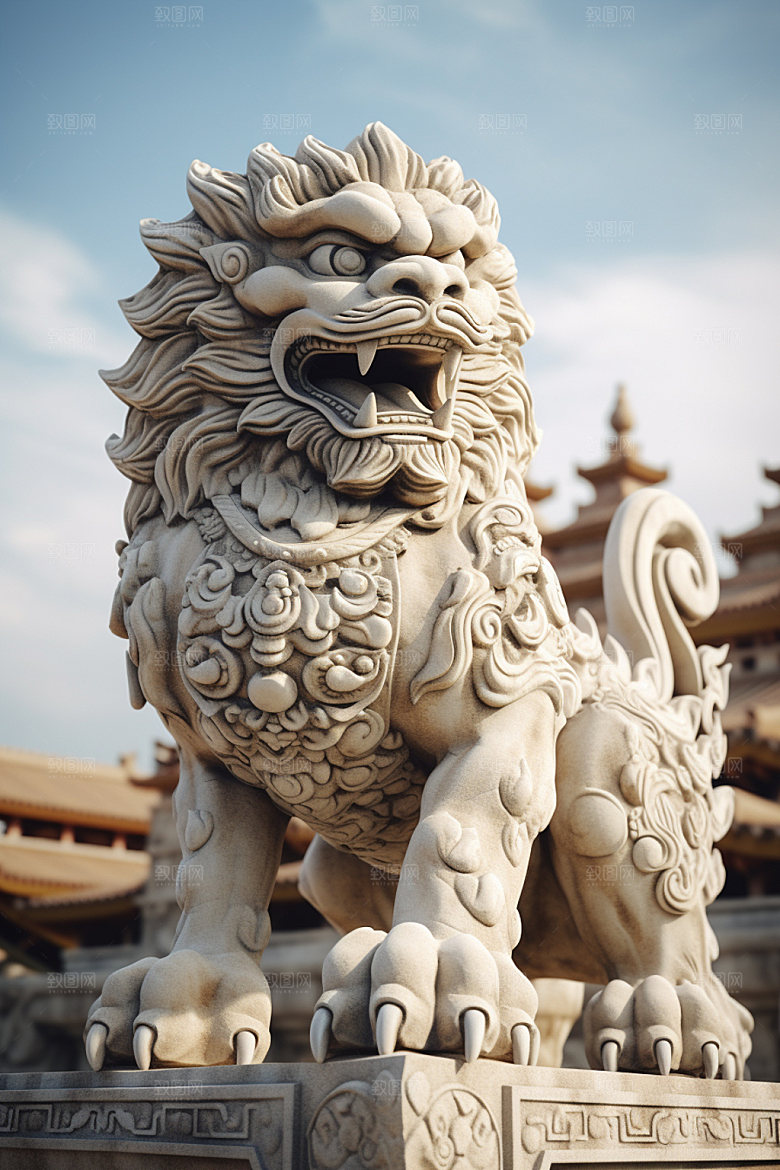 石狮子雕塑石像摄影图