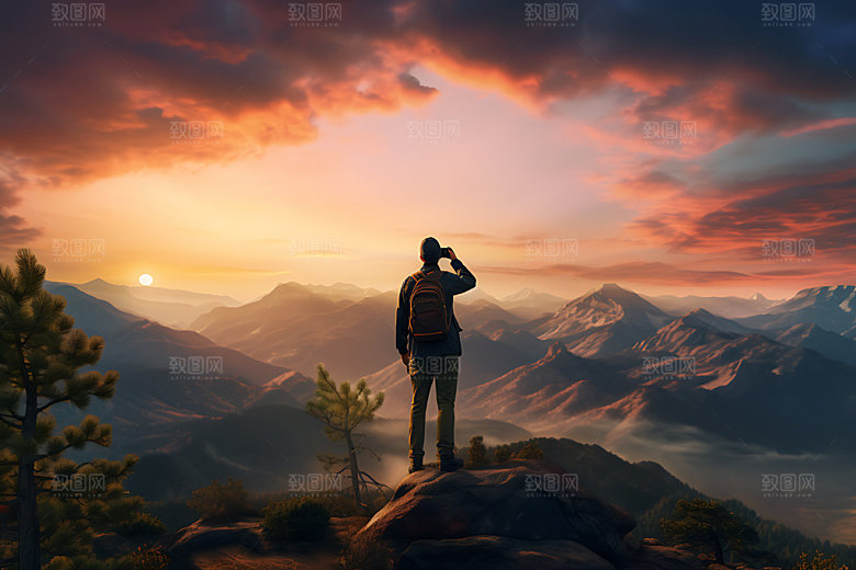 手持望远镜登高山顶摄影图
