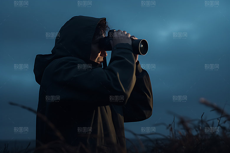 手持望远镜高瞻远瞩山顶摄影图