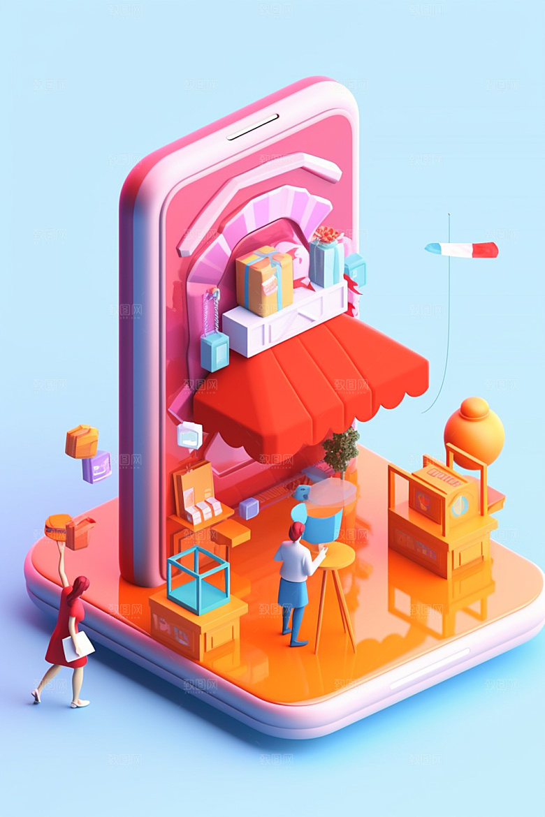 手机购物卡通3D模型