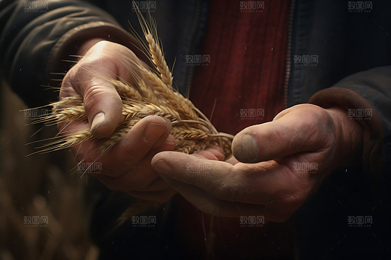 手捧稻谷粮食乡村摄影图