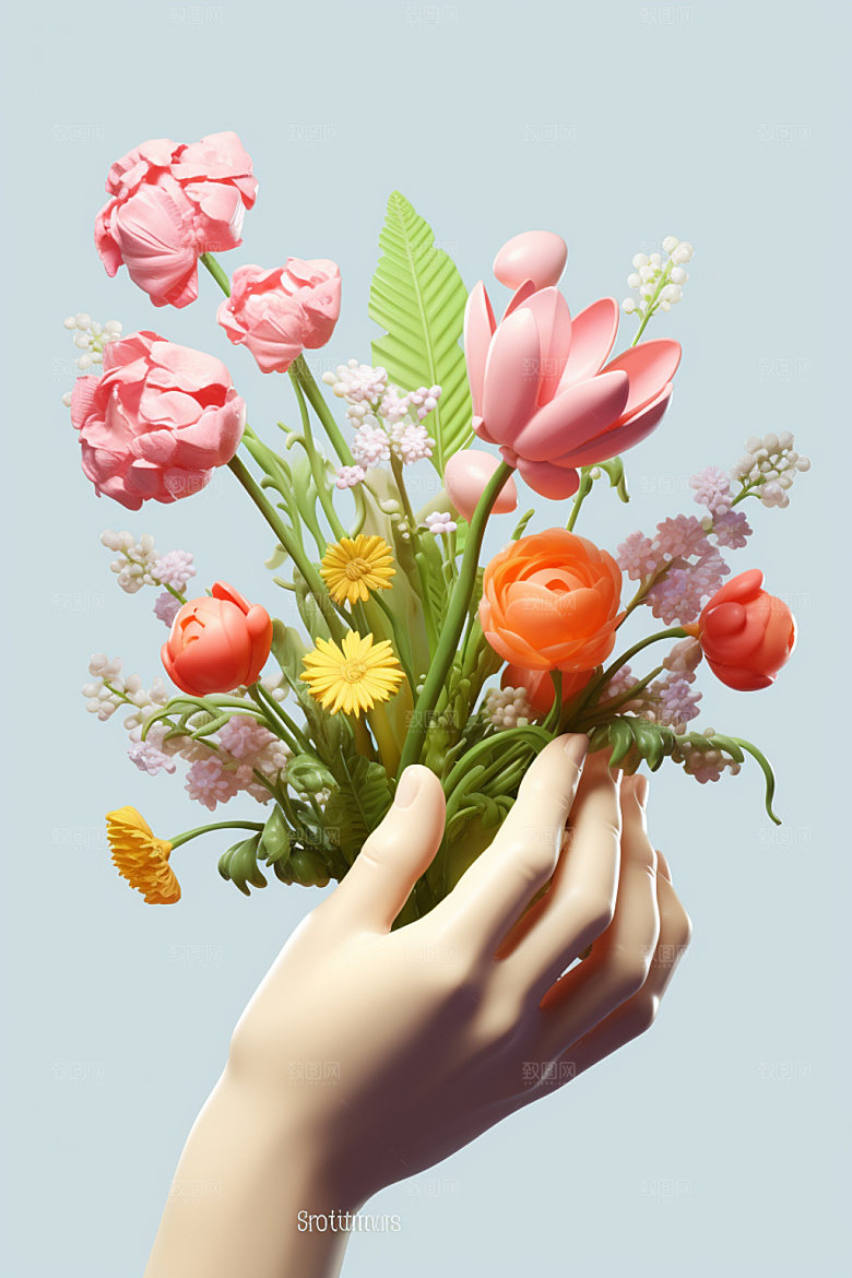 母亲节花卉花束手持鲜花矢量模型