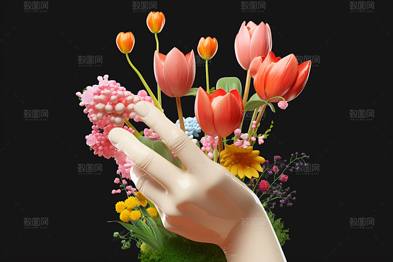 母亲节花卉花束手持鲜花矢量模型