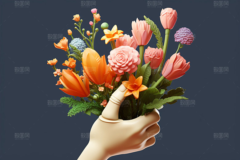 母亲节手持鲜花感恩节矢量模型