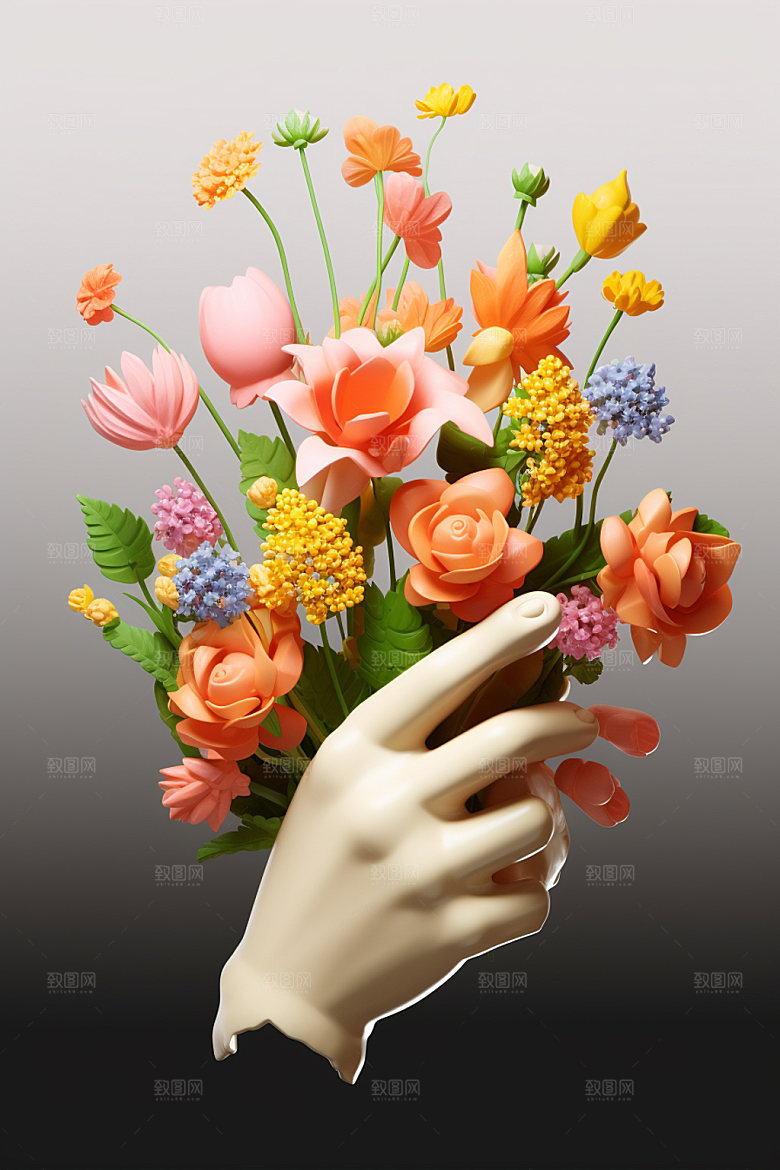 母亲节感恩节手持鲜花矢量模型