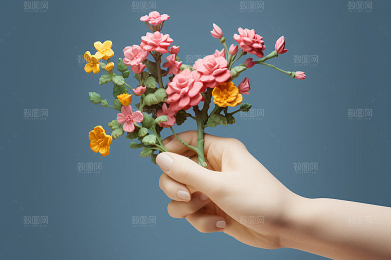 母亲节手持鲜花感恩节矢量模型