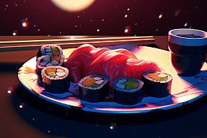 日本寿司鱼生美味插画
