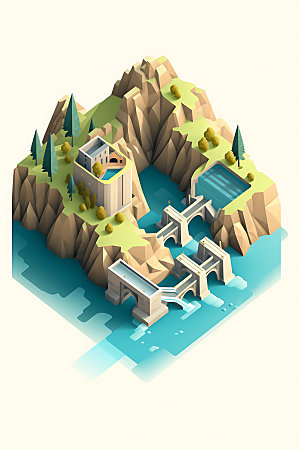 水电站水力发电卡通模型