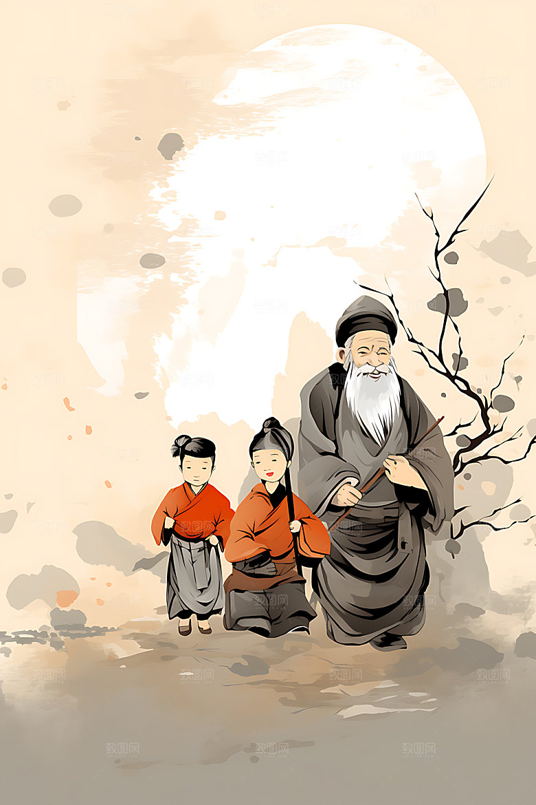 教书育人教师节水墨插画