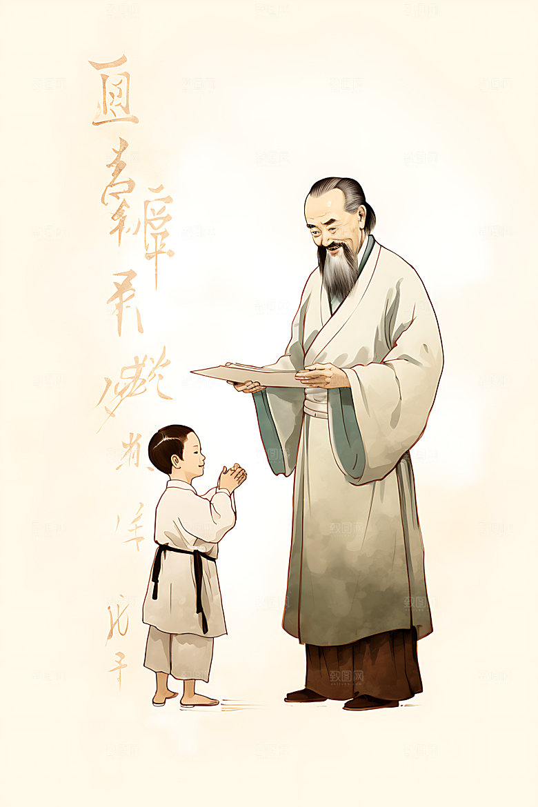 教书育人国画水墨插画