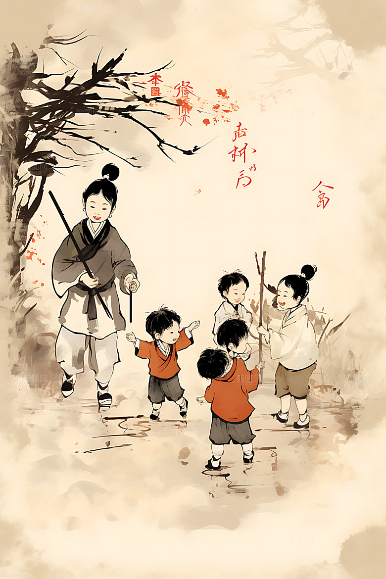 教书育人教学国画插画
