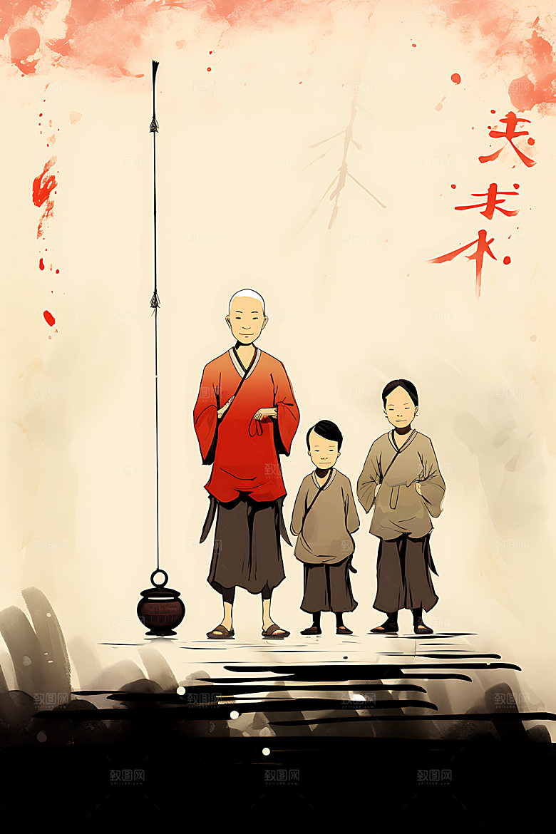 教书育人水墨国画插画