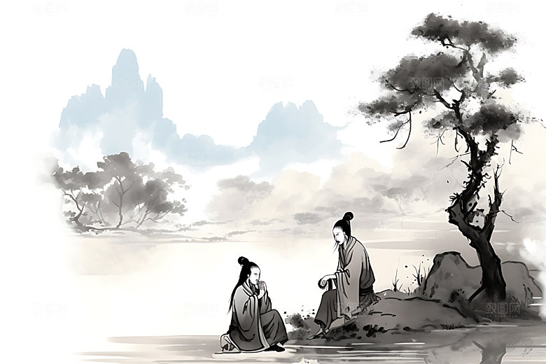 古人教书教育人物讲师水墨画