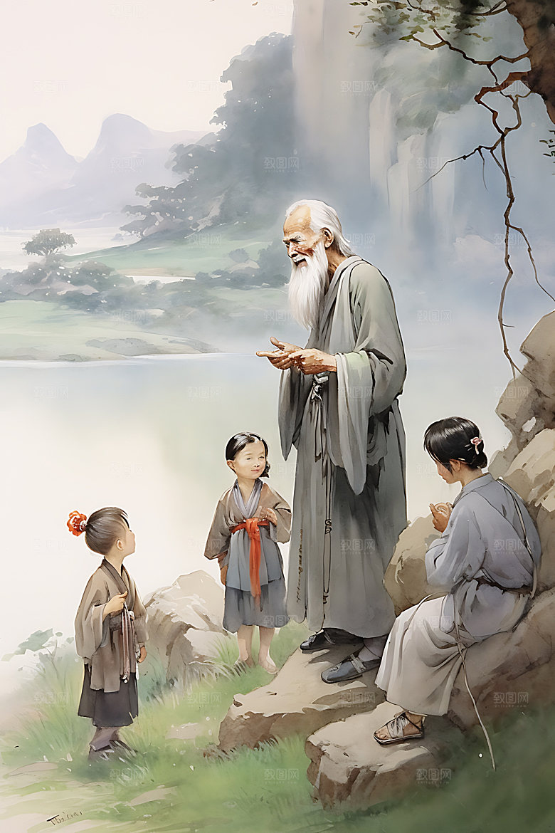 古人教书教育人物传道授业水墨画