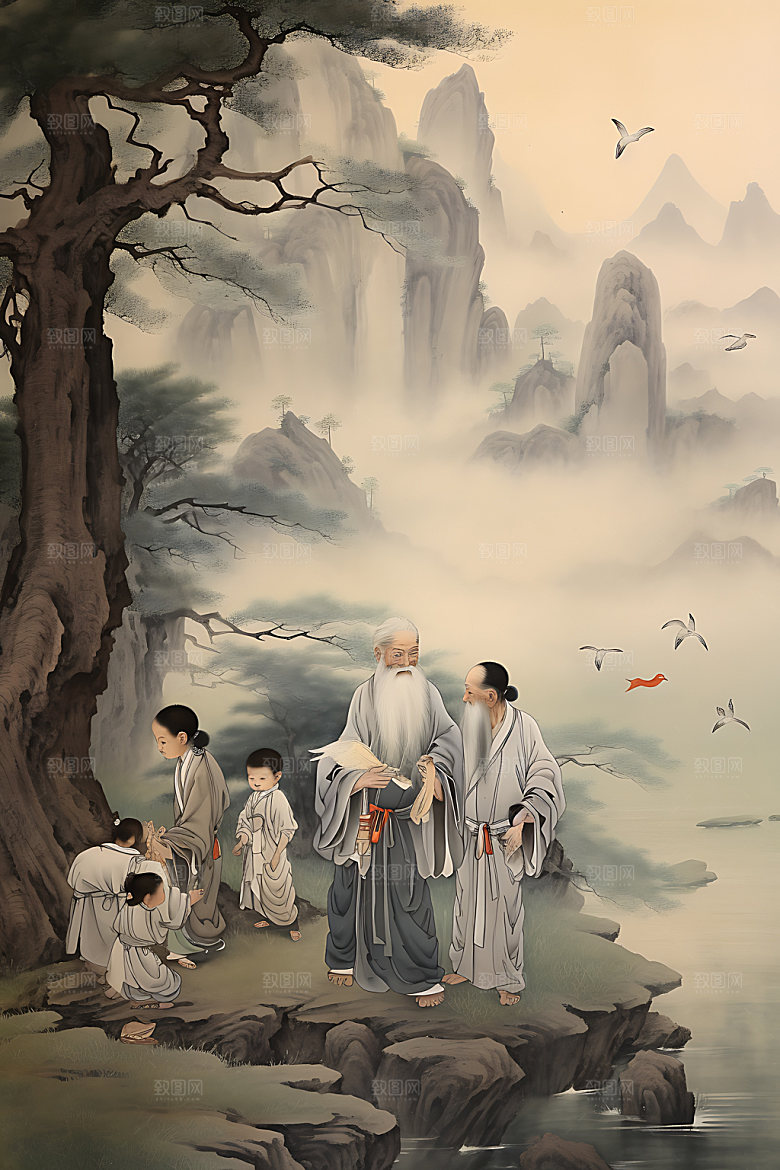 古人教书传道授业教育人物水墨画