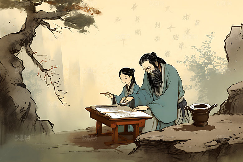 古人教书学习讲师水墨画