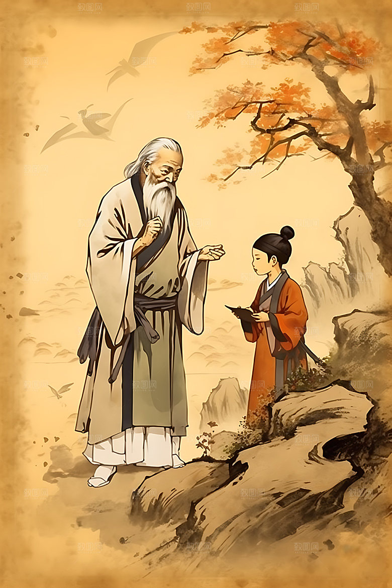 古人教书教师学习水墨画
