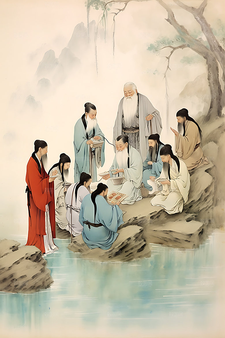 古人教书传道授业教育人物水墨画