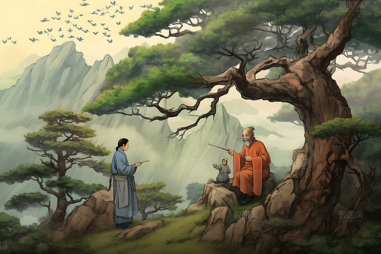 古人教书学习讲师水墨画
