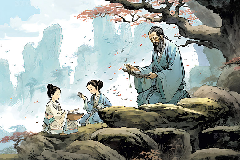 古人教书教育人物讲师水墨画