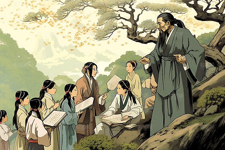 古人教书教育人物传道授业水墨画