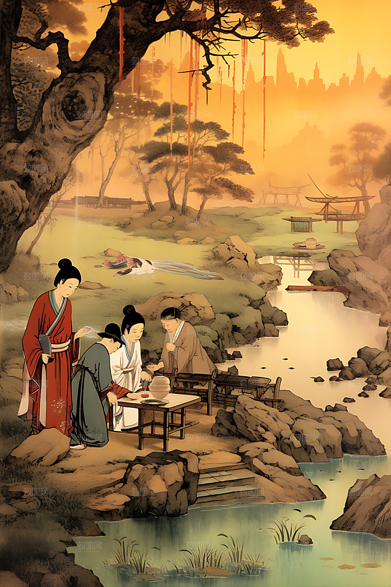 古人教书请教教师水墨画
