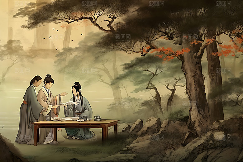 古人教书学习讲师水墨画
