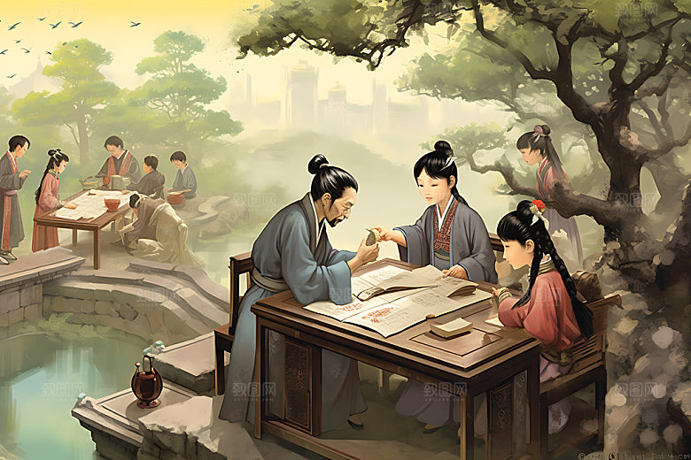 古人教书教师学习水墨画