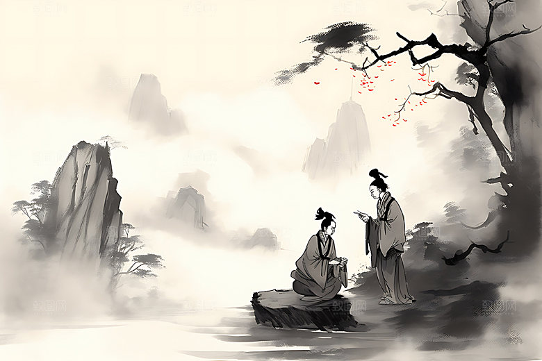 古人教书请教教育人物水墨画