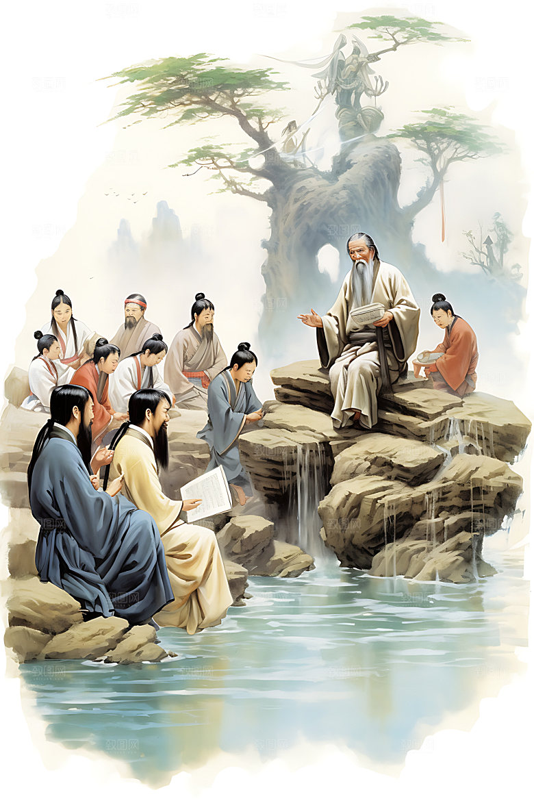 古人教书请教教师水墨画