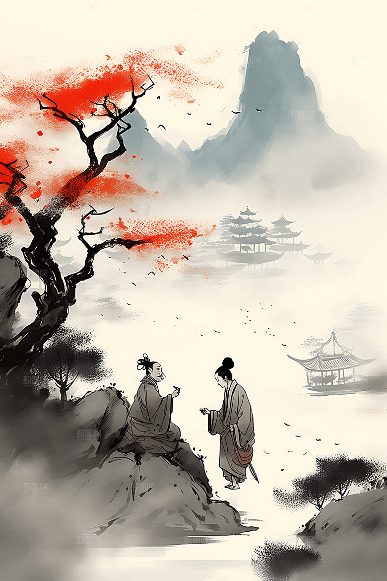 古人教书学习教师水墨画