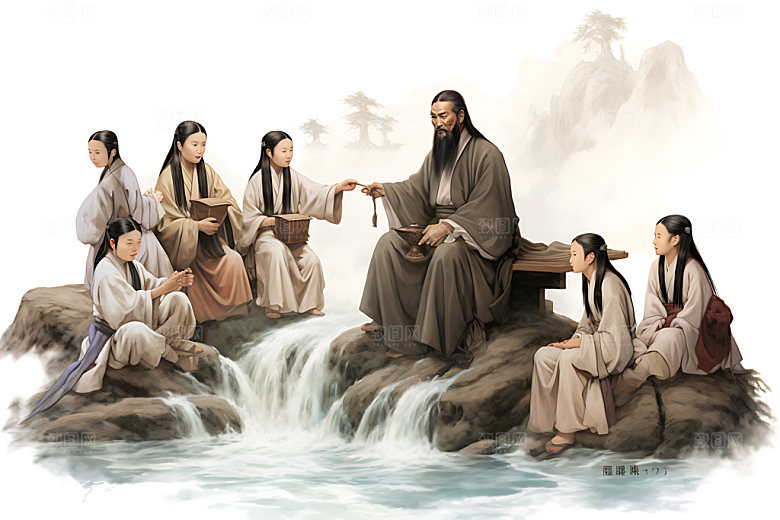 古人教书教育人物学习水墨画
