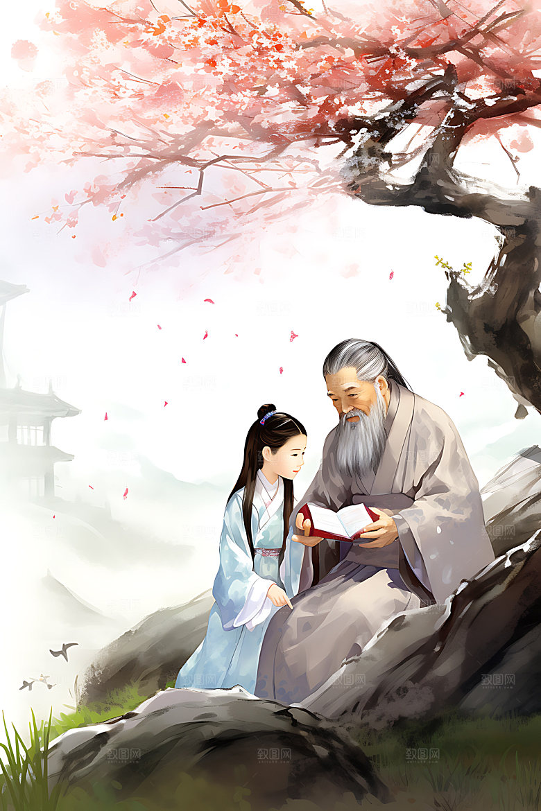 古人教书传道授业教师水墨画