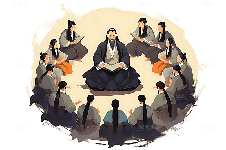 古人教书传道授业教育人物水墨画