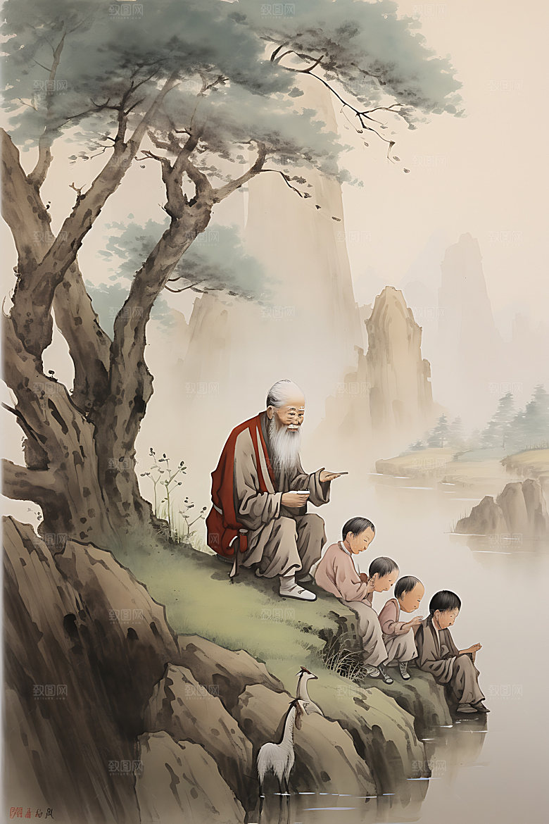 古人教书传道授业学习水墨画