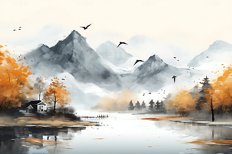 水墨秋天手绘秋叶插画