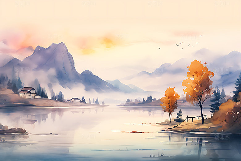 水墨秋天手绘自然插画