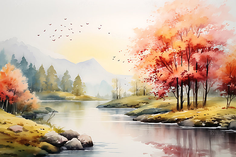 水墨秋天森林溪谷手绘插画