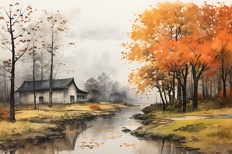 水墨秋天水彩森林溪谷插画